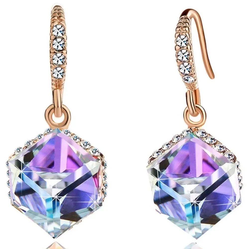 14K Rose Gold with Vitrail Light and Diamond Austrian Crystal Cube Hook Earrings
